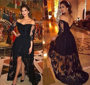 2023 Myriam Fares Black Prom Dressesフォーマル長袖イブニングドレスHI LOスカート肩からv背を開けてドゥアバイレースガウン