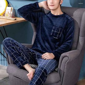 Men's Sleepwear Men Winter Flannel Pajamas Set Two Pieces Long Sleeve Round Neck Elastic Waist Pants Home Clothes Warm Loungewear