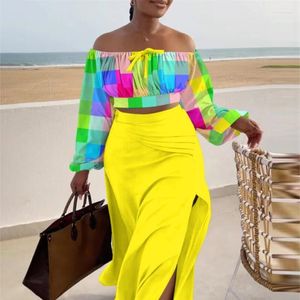 Work Dresses Casual Off Shoulder Split Holiday Two Piece Set Sexy Women's Summer Tops & Skirt Elegant Long Sleeve Autumn Clothing