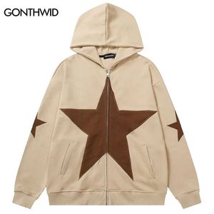 Men's Hoodies Sweatshirts Hip Hop Zip Up Hoodie Jacket Y2K Grunge Vintage Star Patch Punk Gothic Loose Hooded Sweatshirt Coat Harajuku Cotton Streetwear 230928