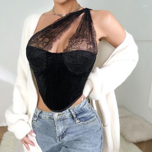 Serbatoi da donna Pizzo nero Una spalla Velluto Corsetto sexy a lisca di pesce Cintura da donna Vita avvolta Mostra Canotta bustier sottile Canotta per