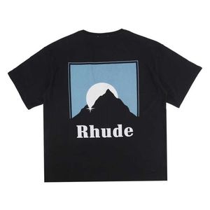 T-shirt 2024Men Rhude Hip-Hop Sunset Tema Stampa High Street e T-shirt a manica corta da donna blu arancione blu.