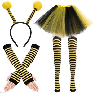 Articoli per feste 4 pezzi Kit costume da ape di Halloween Donna Giallo Miele Bopper Antenna Fascia Tutu Gonna a righe Calza alta al ginocchio Guanti lunghi