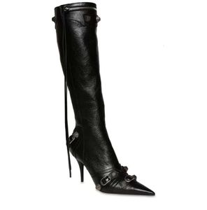 Black Knee High Boots Designer Woman Cagole Boot Cowboy Pointed Toe Stud Sexy Real Leather Stiletto Heels Winter Long Martin Booties Minority simplicity