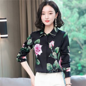 Retro Floral Office Ladies Black Blauses Women Fashion Designer Silk Satin Shirts Sweet Sweet 2023 Autumn Winter Runway Button Up Shirt Plus Size Long Sleeve Chic Tops