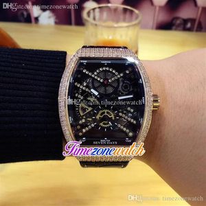 Nuovo YachTing 44mm Orologio automatico da uomo Lunetta in oro rosa con diamanti Quadrante scheletrato interno nero Orologi in gomma in pelle nera Timezonewatc2398