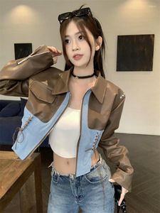 Women's Jackets 2023 Autumn Women High Street Sweet Cool Spicy Girl Denim Leather Short Jacket Coat Hit Color Bandage