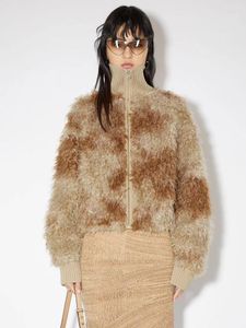 Designer de pele feminina vintage fio tingido misto zíper cardigan casaco para outono/inverno moda tudo-em-um lã reta