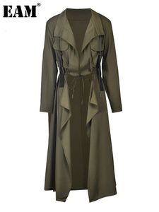 Gabardinas para mujer EAM verde militar largas para mujer talla grande manga con cuello en V corte holgado rompevientos moda Primavera otoño 1DE108206 230928