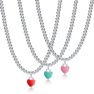 Brand Designer style Famous Brand Heart Pendant Necklace Selling Red Pink Green Enamel filled Nectarine Beads Chain Necklaces 261g