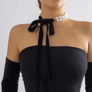 Chains Trend Wedding Party Jewelry Long Black Ribbon Choker Necklace For Women Elegant White Imitation Pearl Beach Vacation Necklaces