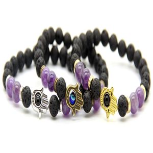 New Arrival 8mm Natural Amethyst & Lava Rock Stone Beads Protection Hamsa Bracelets Nice Gifts for men and women302r