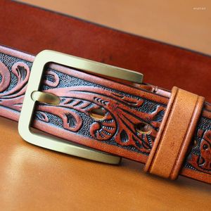 Belts Fashion Retro Exquisite Carved Belt Head Layer Yellow Leather Casual Pants With Three-dimensional Embossed Vegetable Tanned