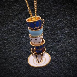 Pendant Necklaces Long Tea Cups Stack Necklace Hand Made Teacup Sweater Chain Stereoscopic Enamel Jewelry Women Collar323r