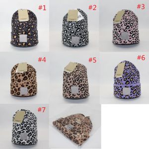 Modebrev stickade hattar unisex vinter mössor leopard tryck etikett designer skalle caps dubbelskikt virkning hatt motorhuv