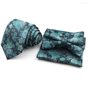 Bow Ties Design Polyester Tie Set Classic Green Floral Pocket Square Handkerchief Butterfly Bowtie For Wedding Party Accessories Gift
