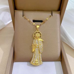 Colares de pingente de aço inoxidável colar de morte sagrada santos cor de ouro banhado colar de pingente de foice de morte encantos jóias cristãs Santa Muerte 230928