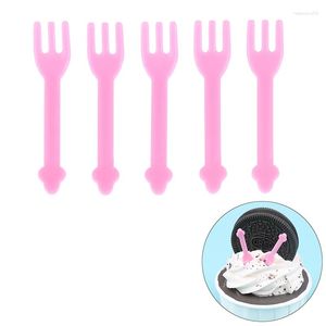 Forks 5Pcs Pink Fork Fruit Children Cake Dessert Pick Toothpick Bento Lunches Party Decoration Mini Plastic