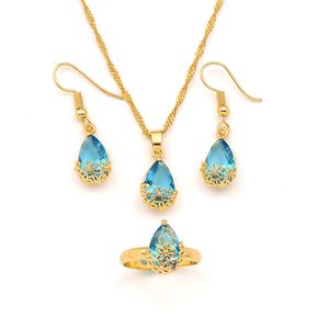 18K Yellow Gold GF Pendant Earrings Ring ed chain Water Drop sapphire Crystal Rectangle Gem with Channel Bridal Jewellery263B