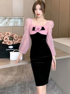 Grundläggande casual klänningar avancerade ljus lyxiga rosa mesh lapptäcke sammet klänning kvinnokläder temperament knälängd klänningar vestidos 2024