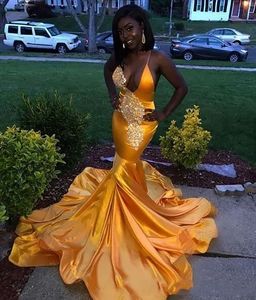 Evening Dresses Gold Prom Party Gown New Formal Plus Size Mermaid Custom Zipper Lace Up Sleeveless Satin Sequins V-Neck Applique Beaded