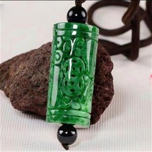 Natural Jade Green Dragon Column Pendant Hollow Carved Ruyi Chain Emerald Fashion Jewelry for Men and Women