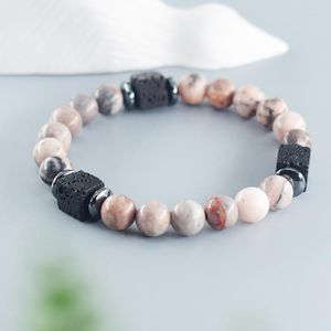 Braccialetti a maglie Bracciale con perline in pietra zebrata rosa naturale per donna Regalo di gioielli per coppia di lava vulcanica nera Trple Protection Homme