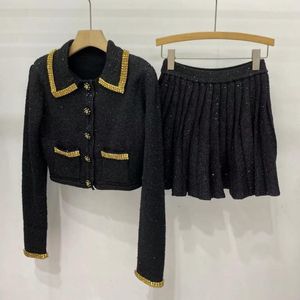 Women's Tracksuits Winter 2023 Two-Piece Suits Sequin Lapel Pearl Button Top Or Slim Fit Knitted Pleated Skirt Matching Sets