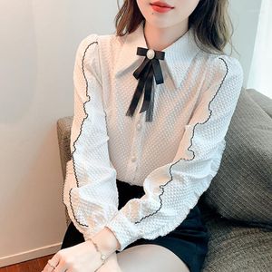 Frauen Blusen 2023 Frühling Koreanische Temperament Süße Revers Hemd Frauen Mode Elegante Chiffon OL Büro Lange Ärmeln Weibliche Tops