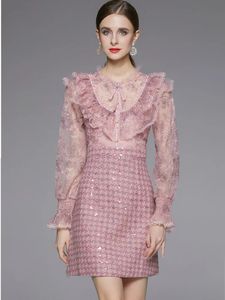 Basic Casual Dresses Light Luxury Embroidery Sequin Tweed Patchwork Dresss Women's Stand Collar Long Sleeve Ruffle Woolen Dress Female Clothing2024