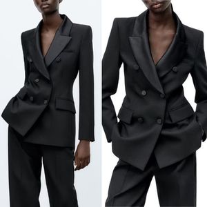 Pantaloni da donna neri cool adatti a blazer da ragazza doppio petto set da 2 pezzi giacca su misura per feste da ballo