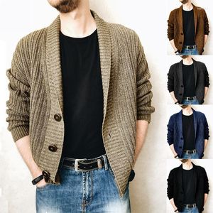 Jaquetas masculinas inverno manga longa quente xale colarinho de malha cardigan suéter casual fino ajuste malhas de algodão macio