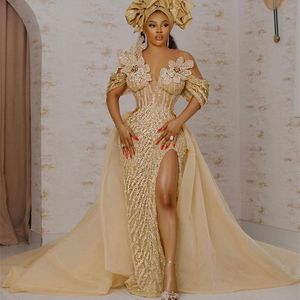 2023 out aso ebi árabe ouro sereia vestido de baile lantejoulas rendas noite festa formal segunda recepção vestidos de noivado de aniversário vestidos robe de soiree zj65