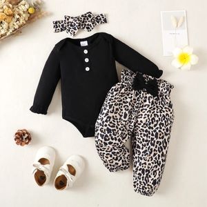 Macacão 0-2 anos de idade bebê nascido menina camisa preta de manga comprida com calças estampa de leopardo moda terno 230928