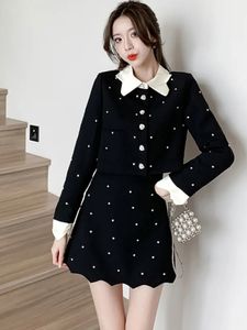 Two Piece Dress Solid Autumn Two Piece Sets For Women Lapel Long Sleeve Beaded Diamond Tops High Waist A Line Skirt Slim Set Female Fashion New 2024