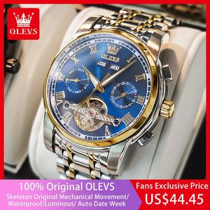 Other Watches OLEVS Automatic Mechanical Watch for Men Week Calendar Skeleton Hollow Wristwatch Stainless Steel Classic Business Men's Watches 230928