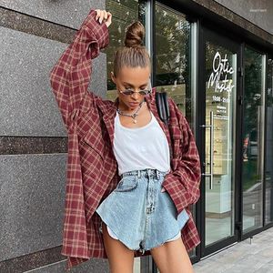 Blusas femininas boho inspirado gota ombro manga longa camisa oversized feminino xadrez outono inverno streetwear estilo namorado camisas