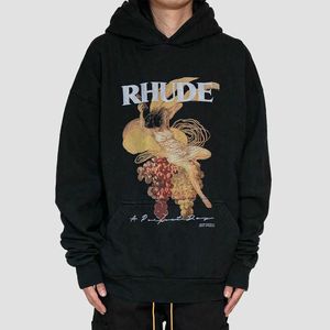 남자의 후드 땀 촬영 셔츠 소규모 군중 패션 브랜드 Rhude 피겨 포도 유화 인쇄 아메리칸 하이 스트리트 오버 크기 느슨한 후드 스웨터