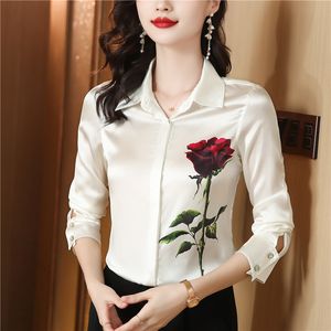 Luxury Silk Satin Floral Beige Shirts Women Designer Lapel Long Sleeve Printed Blouses 2023 Autumn Winter Elegant and Youth Button Up Shirt Office Ladies Runway Tops