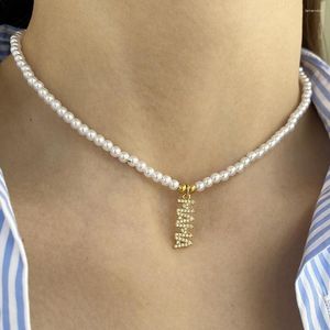 Anhänger Halsketten Initiale Perlen Halskette für Frauen Vintage Perlen Name Buchstabe MaMa Halsbänder Halsband Edelstahl Verschluss in Korea