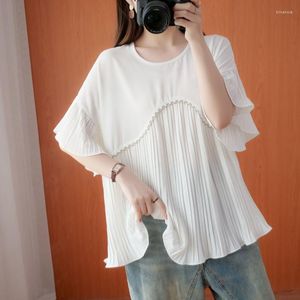 Women's Blouses Women Shirts Ruffled Lace Patchwork Black White Oversized Summer Trendy O Neck Short Sleeve Simple Casual