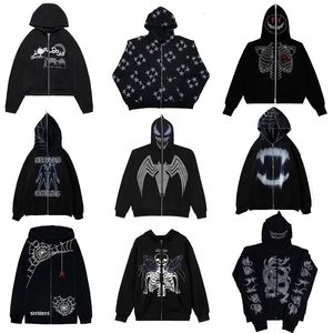 Herren-Kapuzenpullover, Sweatshirts, modisch, mit Strasssteinen, Spinnennetz, Skelett-Druck, Schwarz, Y2K-Gothic, langärmelig, durchgehender Reißverschluss, übergroße Jacke, Hoodies 230928