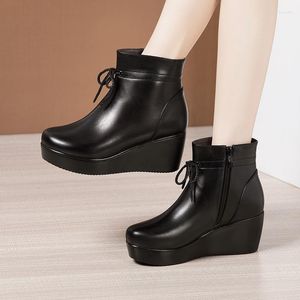 Boots 6cm Small Size 32-43 Comfortable Thick Bottom Platform Wedges Shoes Fall Winter 2023 Med Heels Leather Ankle Office Mom