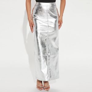 Skirts Shiny Maxi Skirt Women 2023 Sexy Invisible Zipper Stylish Back Slit Hip Package Bodycon Y2K High Waist Streetwear