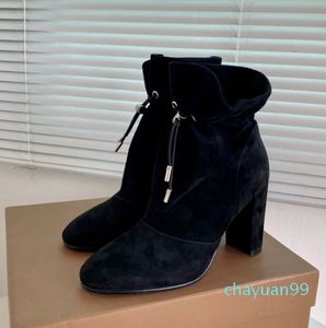 design autumn High quality boots Black wrinkled ankles women's Thick heel short boot Jindian round head party shoes