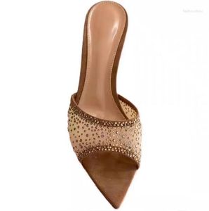 Sandały złote szampan kryształowe kapcie na wysokim obcasie seksowne zamszowe spiczaste palce patchwork cienki obcasy kobiety pompowe buty