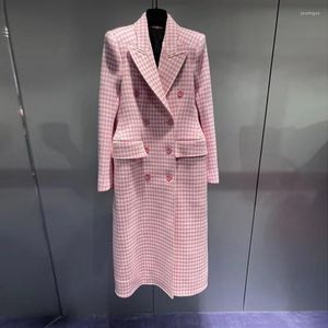 Jaquetas femininas rosa escritório xadrez tweed casaco mulheres moda duplo breasted médio longo terno jaqueta vintage elegante magro manga completa outwear
