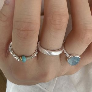Korean version of the ring, women's niche fashion, personality, high-end sense of light luxury matte plain circle, crushed silver blue diamond ring, simple and versatile