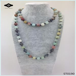 ST0190 32 인치 길이의 목걸이 매듭 Knotted Stone Amazonite Jasper Unakite 반 귀중한 돌 목걸이 여성 303a