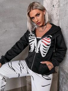 Hoodies Skellet Ceket Goth Hoodie Kadınlar Sonbahar Zip Up Lüks Uzun Kollu Günlük Kadın Sweatshirt Üstler Şık Yeni Vintage Üstler Kız